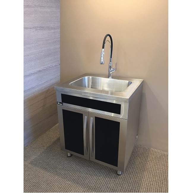 Dawn Dawn® Stainless Steel Sink Base Cabinet with Built in Garbage Can with Black Tempered Glass Panels