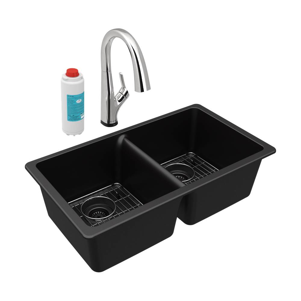 Elkay Quartz Classic 33'' x 18-1/2'' x 9-1/2'', Equal Double Bowl Undermount Sink Kit with Filtered Faucet, Black