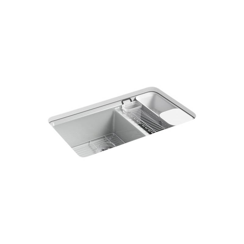 Kohler Riverby® 33'' x 22'' x 9-5/8'' undermount large/medium double-bowl workstation kitchen sink with accessories and 5 oversized faucet holes