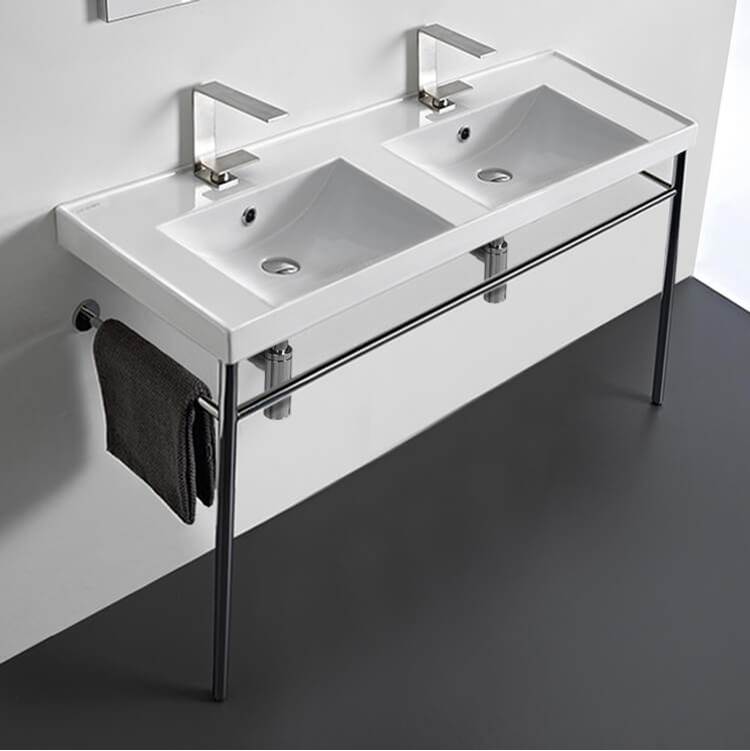 Nameeks Double Basin Ceramic Console Sink and Polished Chrome Stand