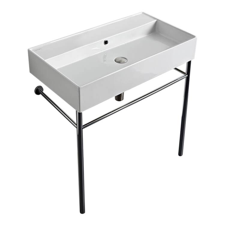 Nameeks Rectangular Ceramic Cosnole Sink and Polished Chrome Stand