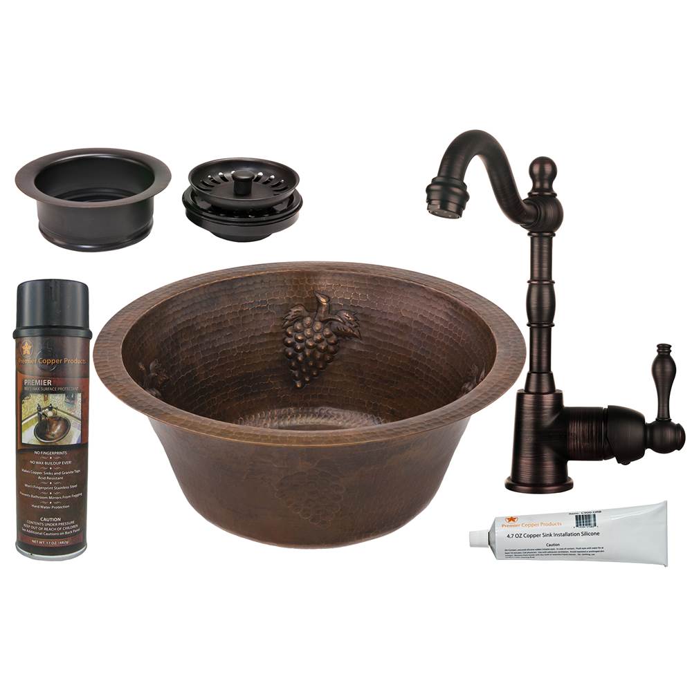 Premier Copper Products 16'' Round Copper Bar/Prep Sink W/ Grapes, ORB Single Handle Bar Faucet, 3.5'' Garbage Disposal Drain and Accessories
