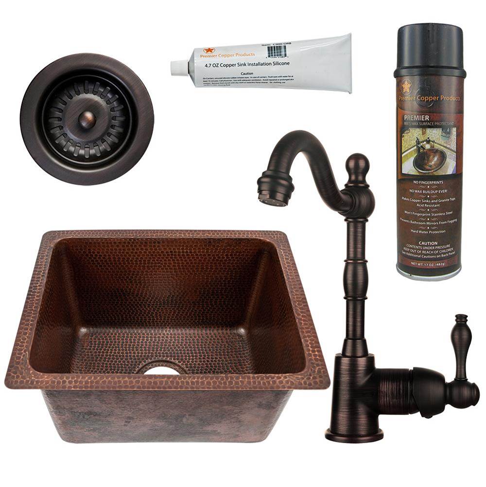 Premier Copper Products 17'' Rectangle Hammered Copper Bar/Prep/Laundry/Utility Sink, ORB Single Handle Bar Faucet, 3.5'' Strainer Drain and Accessories
