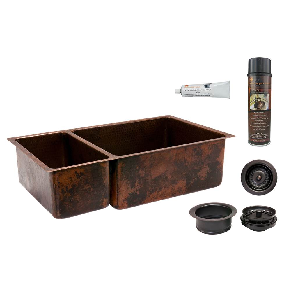 Premier Copper Products 33'' Hammered Copper Kitchen 25/75 Double Basin Sink with Matching Drains, and Accessories