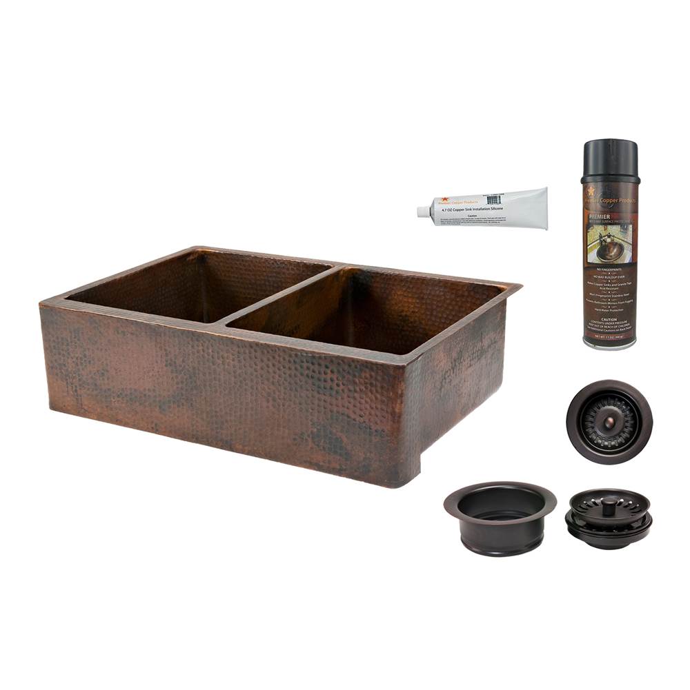 Premier Copper Products 33'' Hammered Copper Kitchen Apron 50/50 Double Basin Sink with Matching Drains, and Accessories