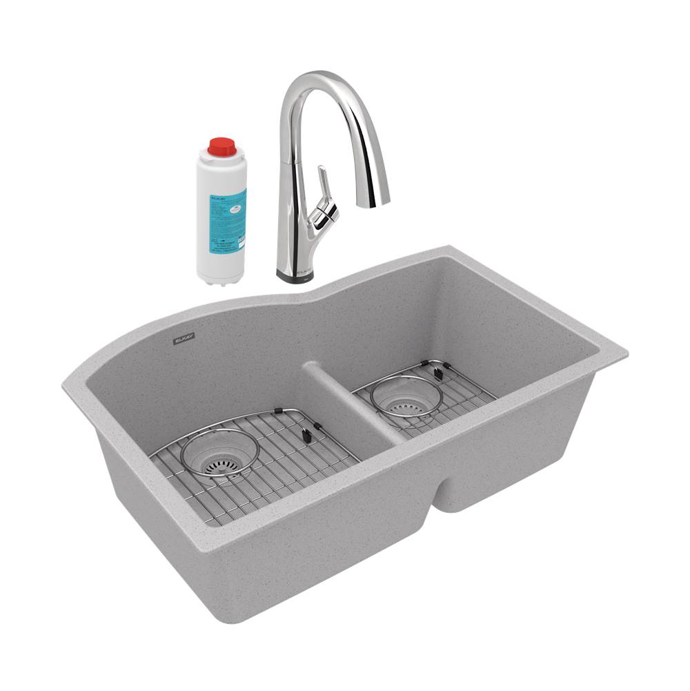 Elkay Quartz Classic 33'' x 22'' x 10'', Offset 60/40 Double Bowl Undermount Sink Kit with Filtered Faucet with Aqua Divide, Greystone