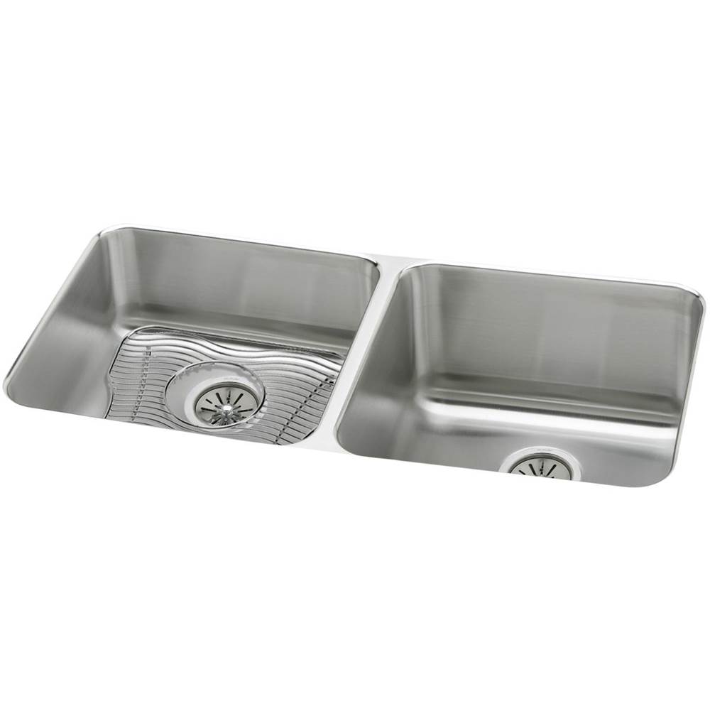 Elkay Lustertone Classic Stainless Steel 30-3/4'' x 18-1/2'' x 10'', Equal Double Bowl Undermount Sink Kit with Left Drain