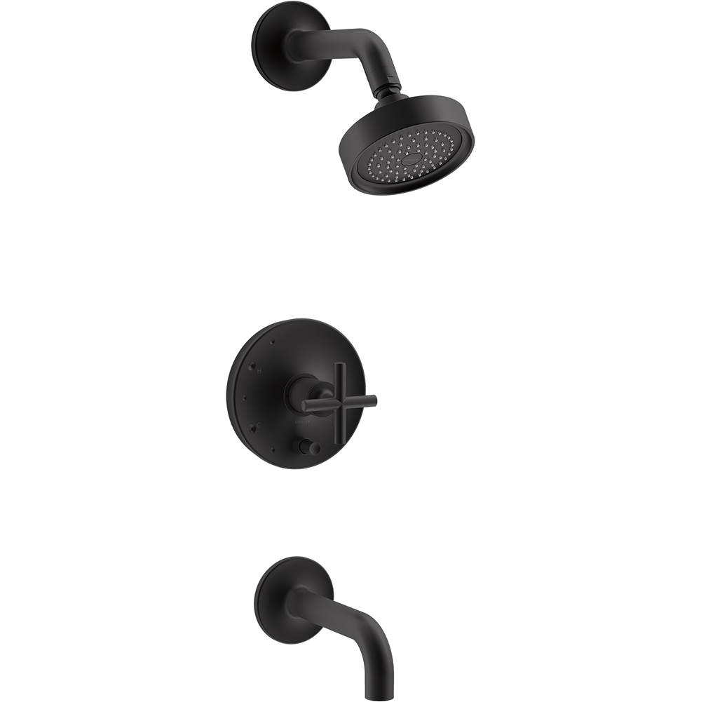 Kohler Purist® Rite-Temp® pressure-balancing bath and shower faucet trim with push-button diverter, 7-3/4'' spout and cross handle, valve not included