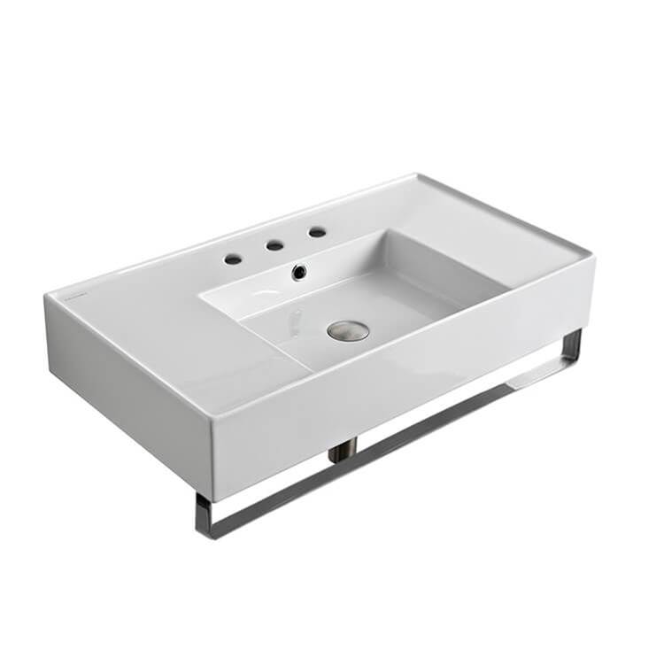 Nameeks Rectangular Ceramic Wall Mounted Sink With Counter Space, Includes Towel Bar