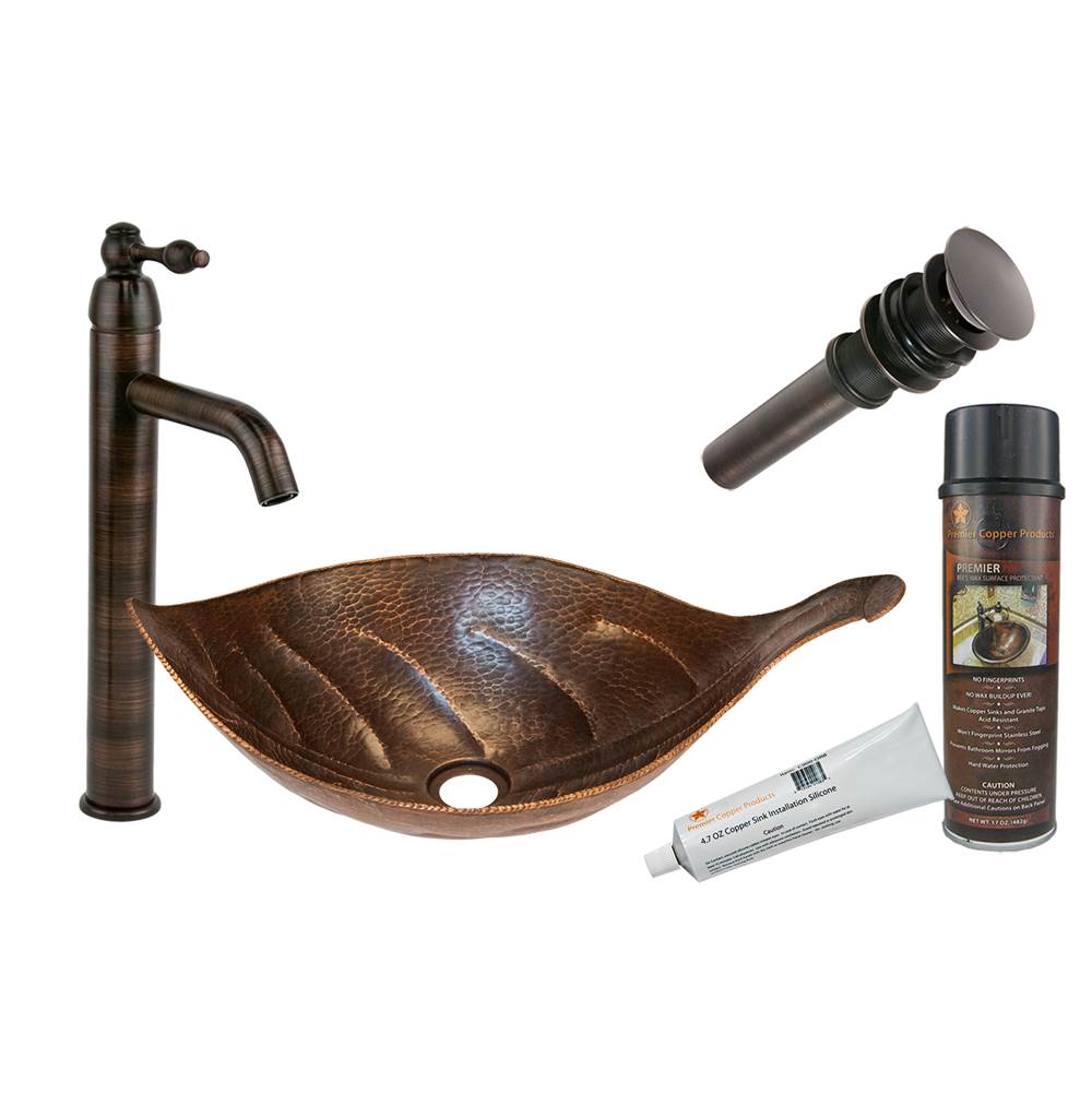 Premier Copper Products Leaf Vessel Hammered Copper Sink with ORB Single Handle Vessel Faucet, Matching Drain and Accessories