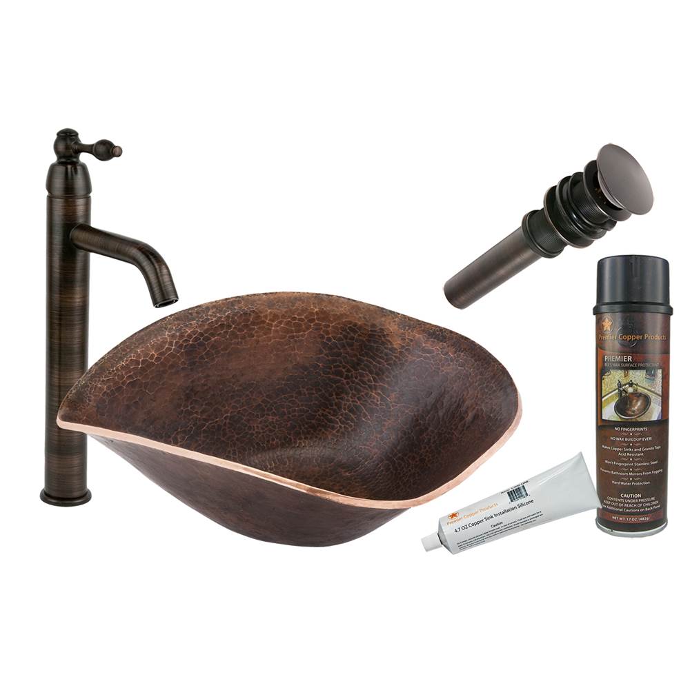 Premier Copper Products Free Form Hand Forged Old World Copper Vessel Sink with ORB Single Handle Vessel Faucet, Matching Drain and Accessories