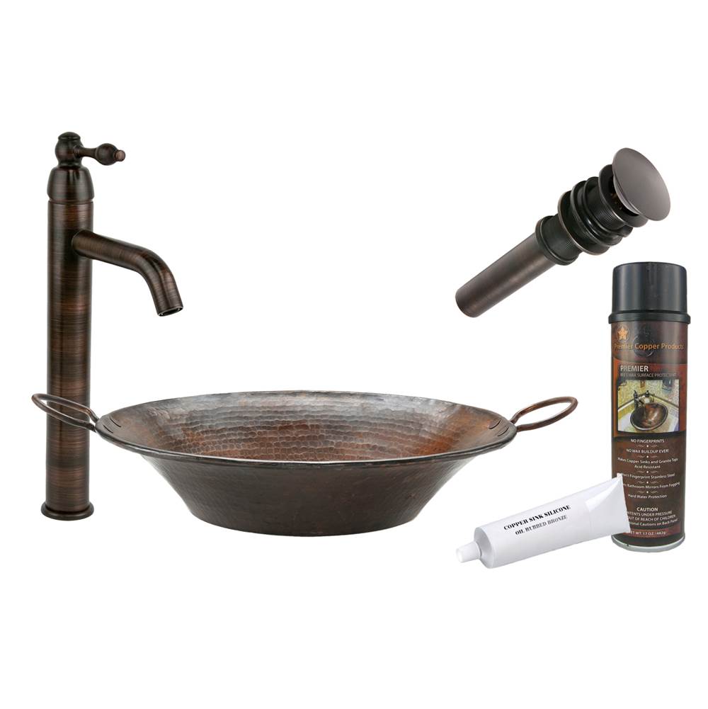 Premier Copper Products Round Miners Pan Vessel Hammered Copper Sink with ORB Single Handle Vessel Faucet, Matching Drain and Accessories