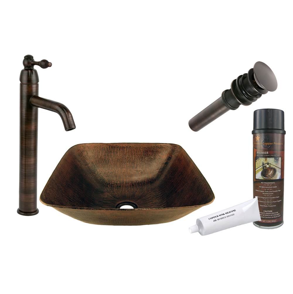 Premier Copper Products Square Vessel Hammered Copper Sink with ORB Single Handle Vessel Faucet, Matching Drain and Accessories