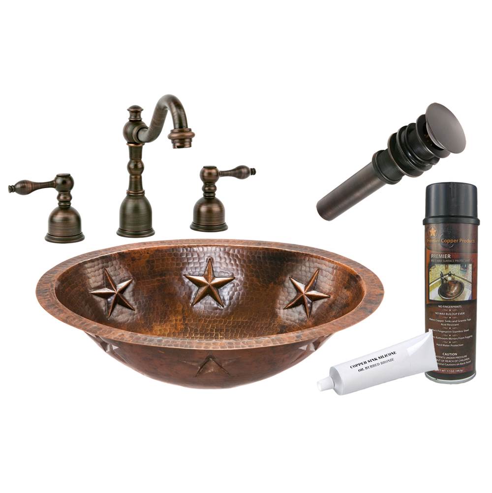 Premier Copper Products Oval Star Under Counter Hammered Copper Sink with ORB Widespread Faucet, Matching Drain and Accessories