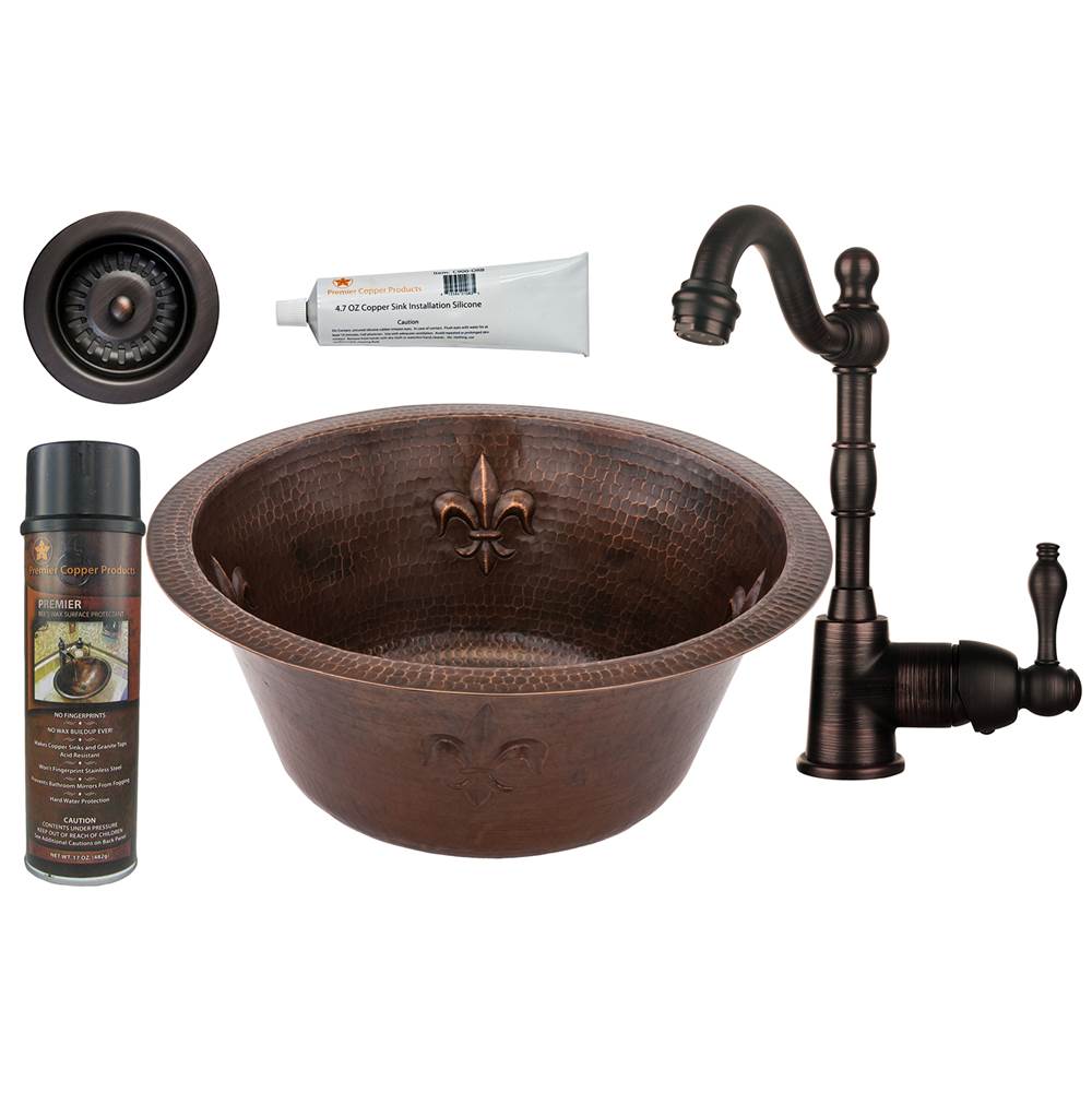 Premier Copper Products 16'' Round Copper Bar/Prep Sink W/ Fleur De Lis, ORB Single Handle Bar Faucet, 3.5'' Strainer Drain and Accessories
