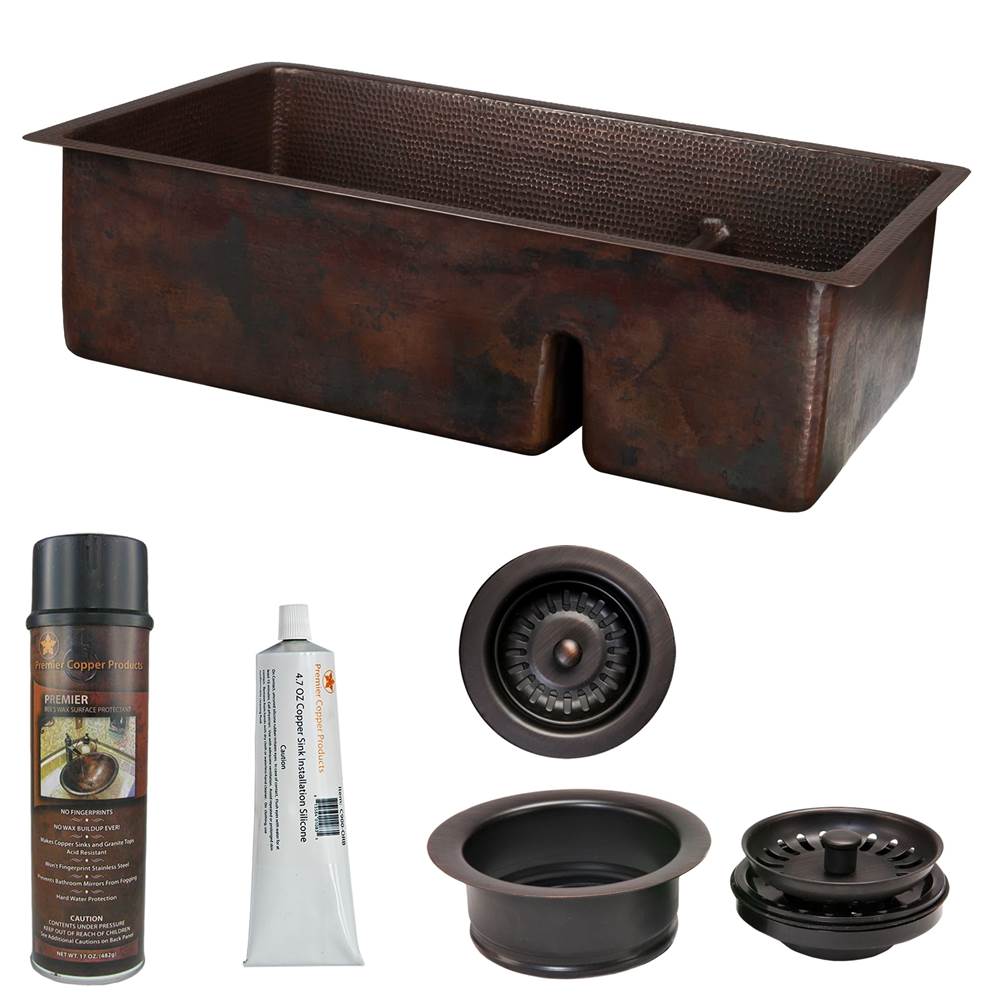 Premier Copper Products 33'' Hammered Copper Kitchen 70/30 Double Basin Sink with Short 5'' Divider w/ Matching Drains and Accessories